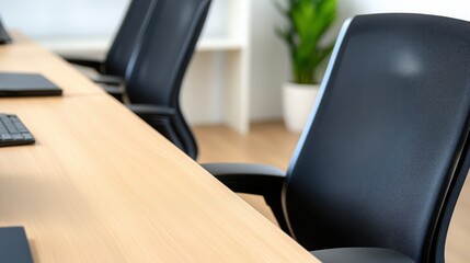Fototapeta premium Modern Office Workspace with Empty Black Chairs and Wooden Desk