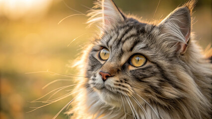 Obraz premium Majestic long haired tabby cat with golden eyes gazes into distance, bathed in warm sunlight, creating serene and dreamy atmosphere