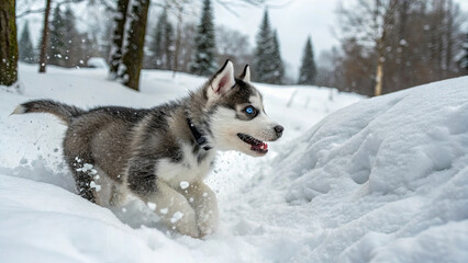 Fototapeta premium Playful husky puppy joyfully runs through snow in winter forest, showcasing its energy and excitement amidst snowy landscape