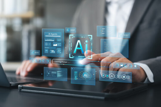 Businessman interacting with AI interface on tablet, symbolizing artificial intelligence technology, machine learning, digital transformation, coding, innovation, future business communication.