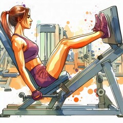 Dynamic Leg Press Exercise in Vibrant Gym, Minimalist Cartoon Watercolor