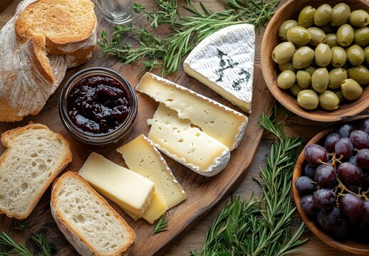 Gourmet cheese platter with assorted breads, olives, grapes, and savory jam on a rustic wooden board with fresh herbs, ideal for social gatherings or events - Powered by Adobe