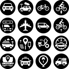 A minimalist black and white icon collection illustrating transportation and mobility concepts. Ideal for maps, apps, infographics, and travel-related projects.