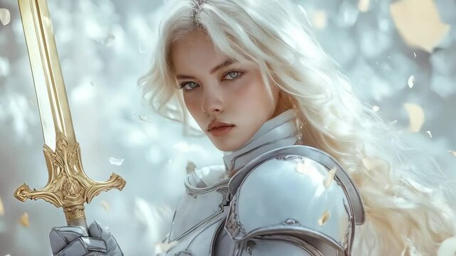 Blonde woman warrior in armor holding golden sword. Fantasy heroine portrait for book cover or game character. Epic medieval cosplay for Halloween.