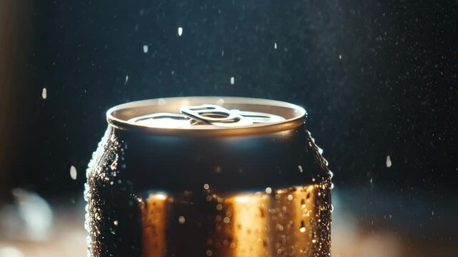 Cold drink can with water droplets, condensation, and splash, close up of metallic beverage surface dramatic lighting, refreshing and energetic mood, cold soda can with fizzing bubbles, condensation