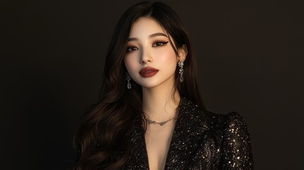 Elegant woman with long hair and glamorous makeup wearing a sparkling black dress