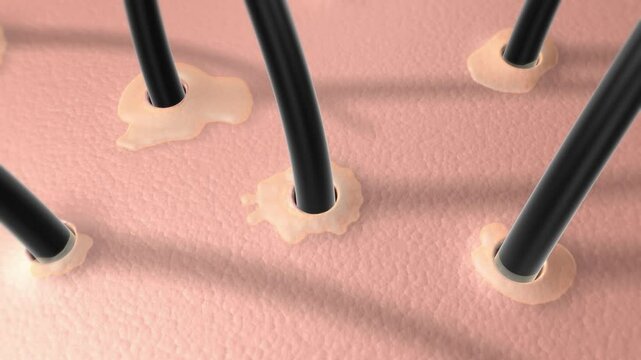 Oily hair, increased dandruff, damaged hair, excessive secretion of sebum from hair follicles. The pores are filled with sebum around the hair follicles, and the scalp becomes greasy.3d animation.