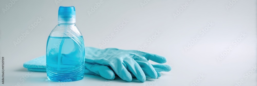 Aufkleber Disinfectant Bottle and Latex Gloves on a Clear Light Background for Effective Cleaning and Sanitization in Various Environments