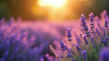Naklejka premium Peaceful lavender field background with soft purple flowers and warm golden sunlight