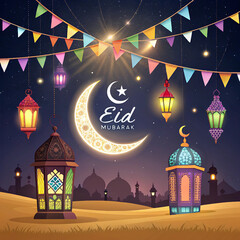 Obraz premium Colorful Eid Mubarak Celebration with Crescent Moon, Lanterns, Mosque Silhouette, and Festive Decorations at Night 