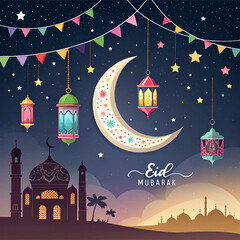 Fototapeta premium Colorful Eid Mubarak Celebration with Crescent Moon, Lanterns, Mosque Silhouette, and Festive Decorations at Night 