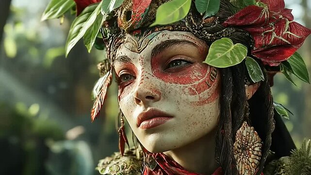 Mystical forest portrait of a woman with tribal face paint and headdress