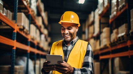 A warehouse worker in a hard hat and vest smiles while using a digital tablet amidst stacked shelves