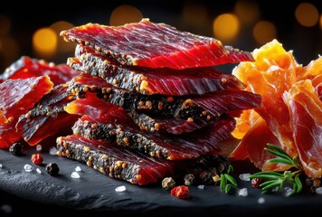 Fototapeta premium Gourmet Dried Meat Stacks with Spices on Stone Plate Surrounded by Warm Lights for Culinary and Food Photography Projects