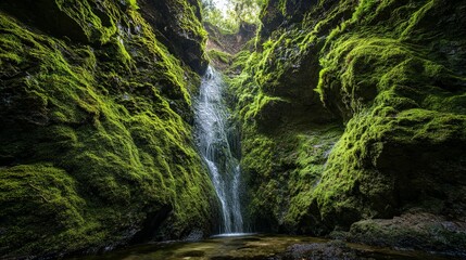 Obraz premium Hidden waterfall cascading through mossy canyon walls.