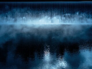 Dark, misty reflection of a water feature on a still river.