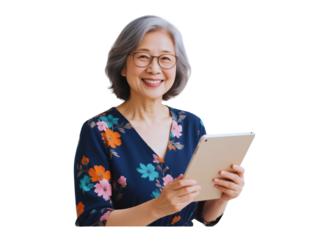 Happy Senior Asian Woman Using a Tablet Computer