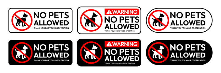 No pets allowed icon set. No pets allowed warning sign, logo, label, badge, sticker, symbol, red circle, stamp, black, line, flat vector, isolated illustration. No cat and dog prohibited signs.