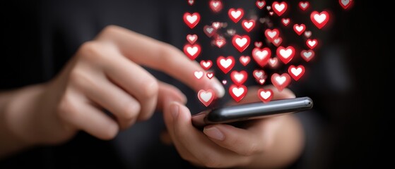 Person using phone with floating hearts.