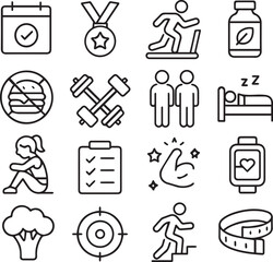 Obraz premium Health and Fitness Line Icons Set – Minimalist Wellness and Workout Vector Illustrations