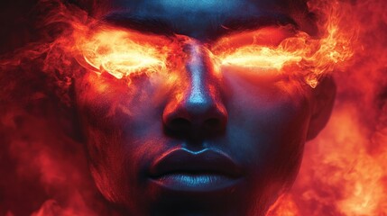 Fiery, glowing eyes and face engulfed in smoke and fire
