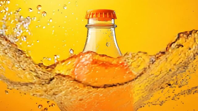 Orange soda bottle with orange cap splashing vibrant liquid, refreshing and energetic, isolated bright yellow background, perfect for summer beverage concepts, fizzy drink splash, thirst quenching