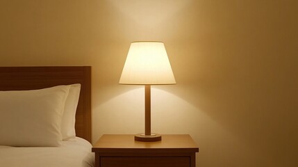 A bedside lamp on a wooden nightstand illuminates a cozy bedroom with warm, ambient light.