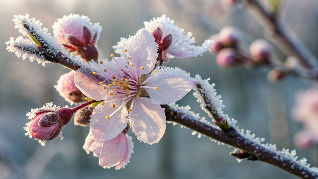 Frost covered pink cherry blossoms on branch, with delicate petals and buds glistening in morning light, creating serene winter spring contrast