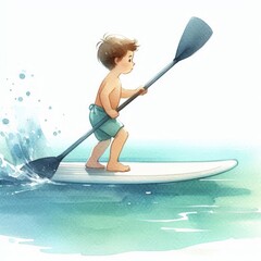 Adorable Little Boy Enjoying Stand-Up Paddleboarding in Clear Watercolor