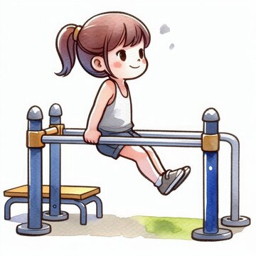 Charming Cartoon Girl Exercising with Bodyweight Dips on Parallel Bars