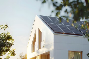 Photorealistic white passive house featuring solar panels and clean lines.