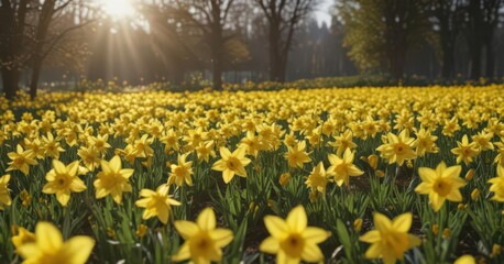 Sunlit field of vibrant yellow daffodils in full bloom, petals glistening ,  nature photography,  texture