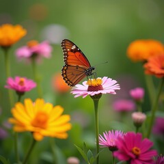Naklejka premium Garden with butterfly fluttering, colorful flowers, fresh greenery, wildlife, natural habitat, garden beauty