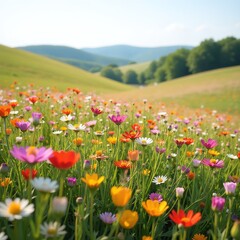 Obraz premium Vibrant wildflower field, colorful blooms, soft sunlight, rolling hills, spring season