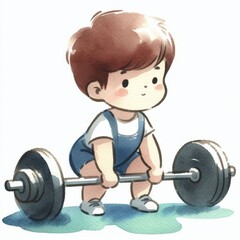 Adorable Young Weightlifter Preparing for a Classic Cartoon Watercolor Lift