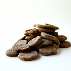 Pile of dark-brown, round dog biscuits.  Stacked high, slightly angled