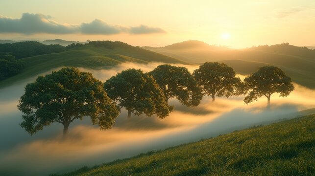 Misty sunrise over rolling hills with trees