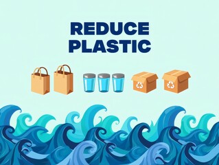 Reduce Plastic Pollution Sustainable Alternatives for a Cleaner Ocean.  Choose Reusable Bags, Glasses, and Cardboard Boxes to Minimize Waste and Protect Our Marine Environment.