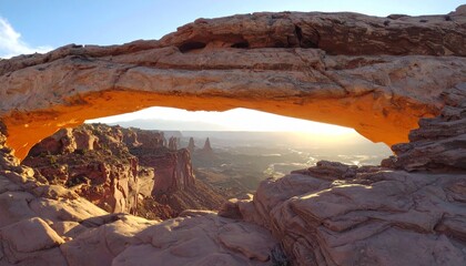 Rock arch framing landscape, bathed in sunrise light