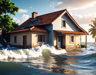 Coastal home besieged by floodwater, with waves crashing against it under a partly cloudy sky