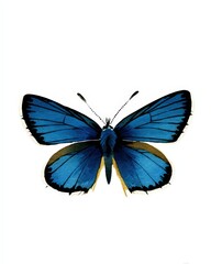 A vibrant blue butterfly with dark edges and golden undertones, wings spread open against a white background