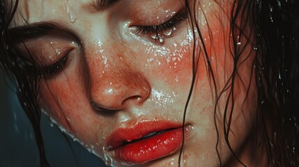 Wet, flushed face,  emotional portrait