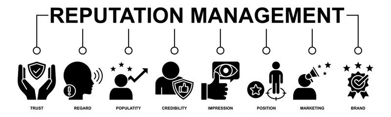 Reputation management banner web icon vector illustration concept with icon of trust, regard, popularity, credibility, impression, position, marketing and brand