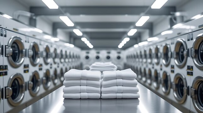 Modern industrial laundry room interior with rows of washing machines and neatly folded towels, creating a sense of cleanliness, efficiency, symmetry, and professional service

