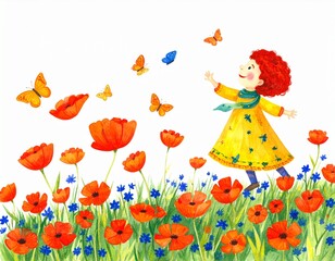 Girl amidst flowers A child is playing among colorful blooms and butterflies on a bright day