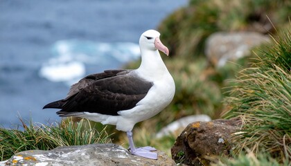 Albatross stands tall amidst coastal grasses, ocean backdrop visible