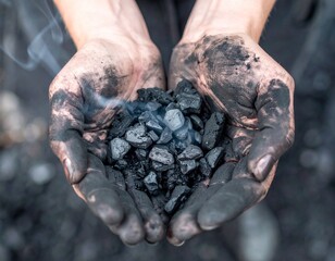 Soiled hands cradle smoking coal