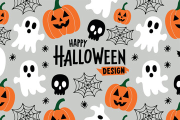 Fun and festive halloween pattern design featuring pumpkins, ghosts, skulls, and spiders.