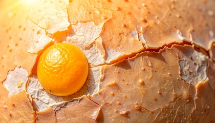 Cracked eggshell with a vibrant orange yolk, revealing texture and light