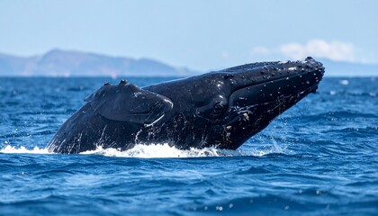 Whale breaches from ocean, powerful and majestic against distant land